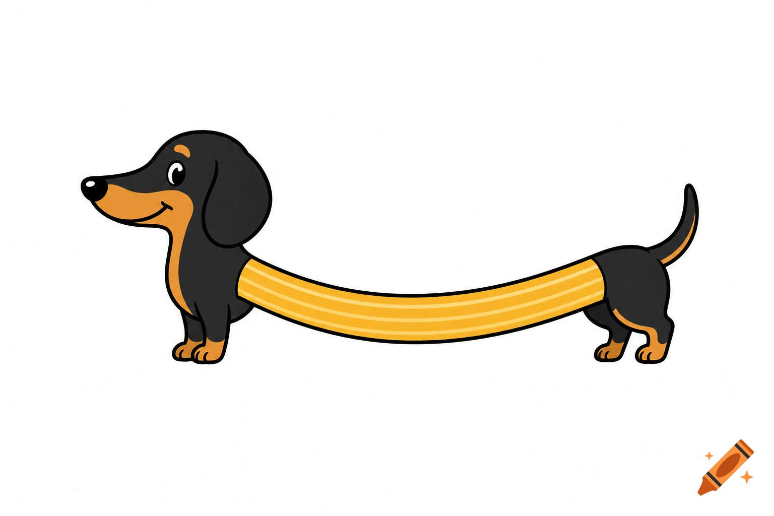 A cartoon dachshund dog with a spaghetti noodle body in a flat design style.