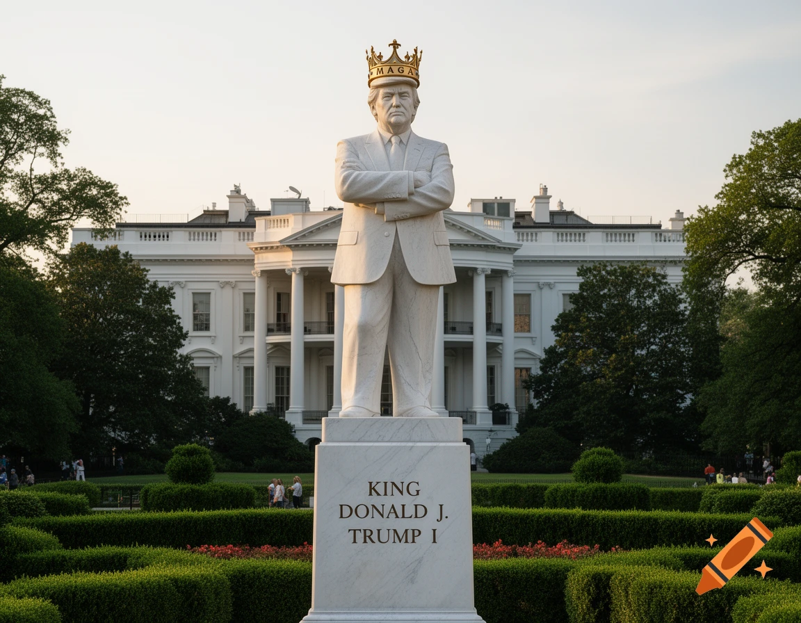 A photorealistic image of a white marble statue of Donald Trump wearing a golden crown with 'MAGA' in front of the White House.
