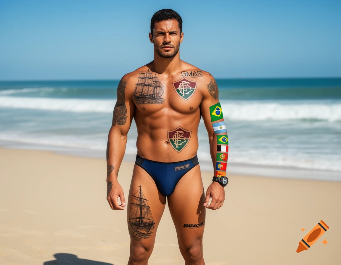 A muscular man in a speedo stands on a sandy beach with the ocean behind him. He has numerous tattoos, including flags and brand logos.