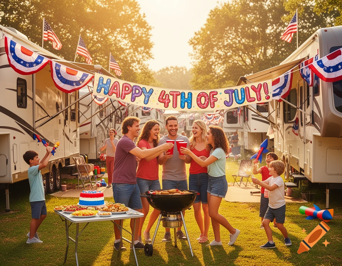 A family celebrates 4th of July in an RV park with a BBQ, cake, and sparklers, under a banner saying "Happy 4th of July!"