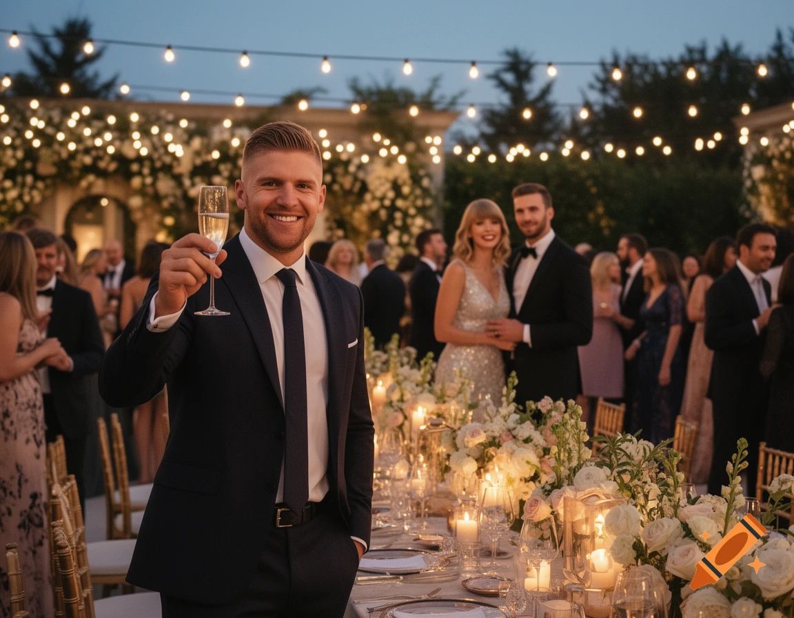 A smiling man in a suit raises a champagne glass at an outdoor evening wedding reception with string lights and floral decorations.