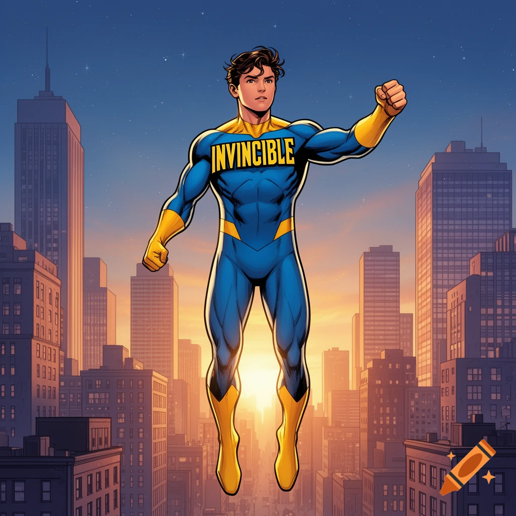 Invincible, a male superhero in a blue and yellow suit, flies over a city skyline at sunset, comic book style.