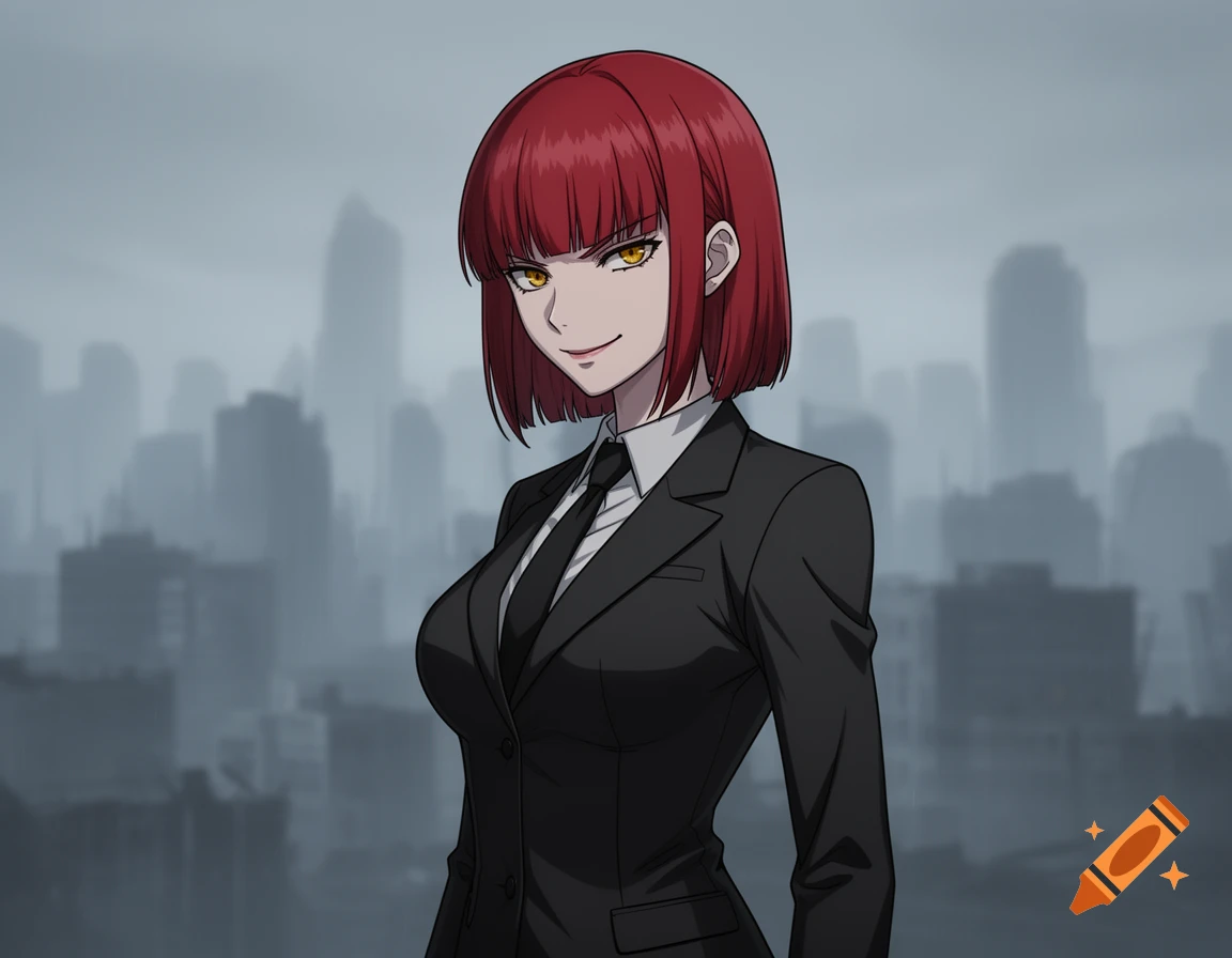 An anime woman with short red hair and yellow eyes, wearing a black suit and tie, smirks in front of a blurred cityscape.