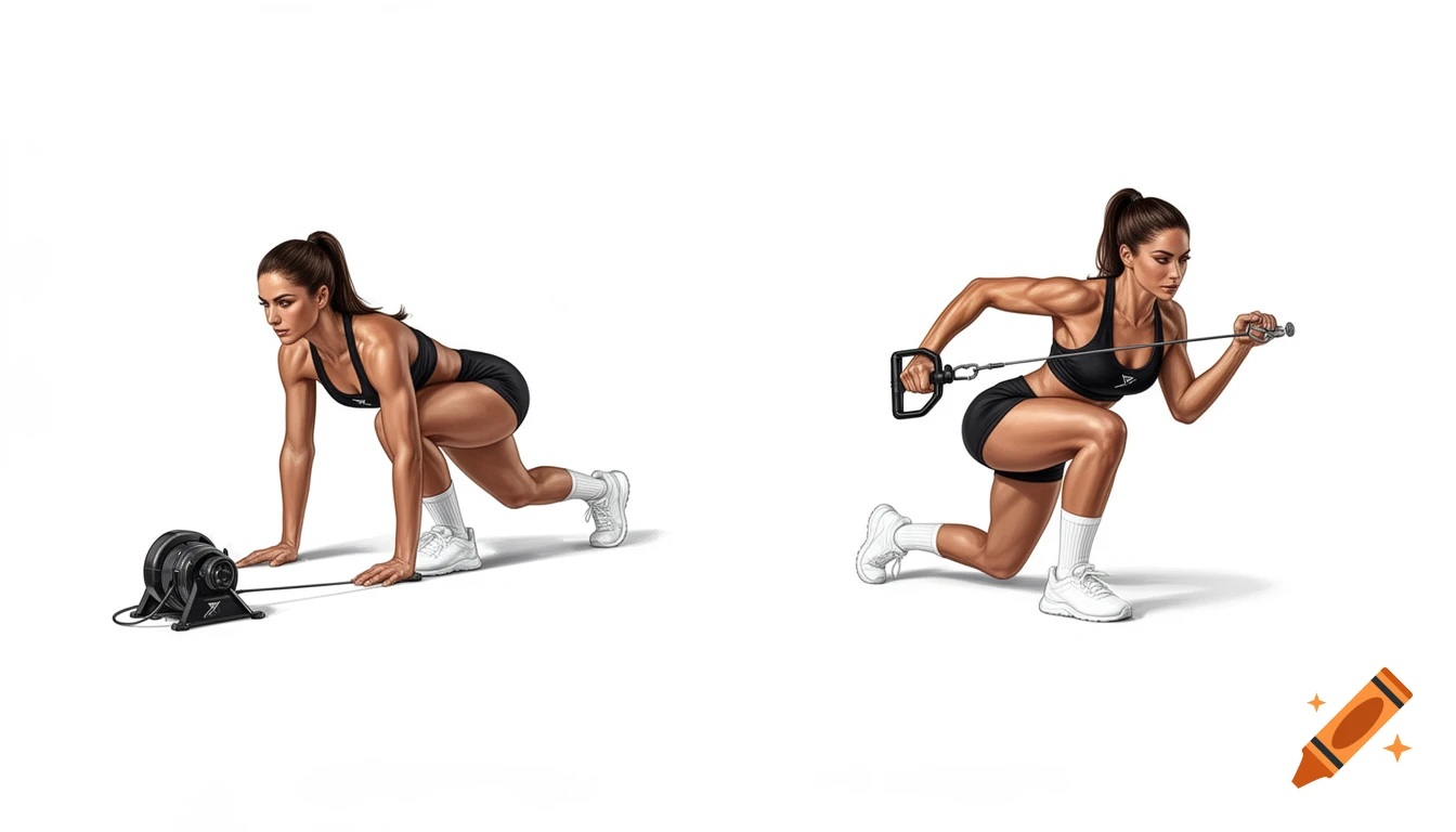 Semi-realistic illustration of an athletic woman demonstrating a bear plank cable row exercise in two steps on a white background.
