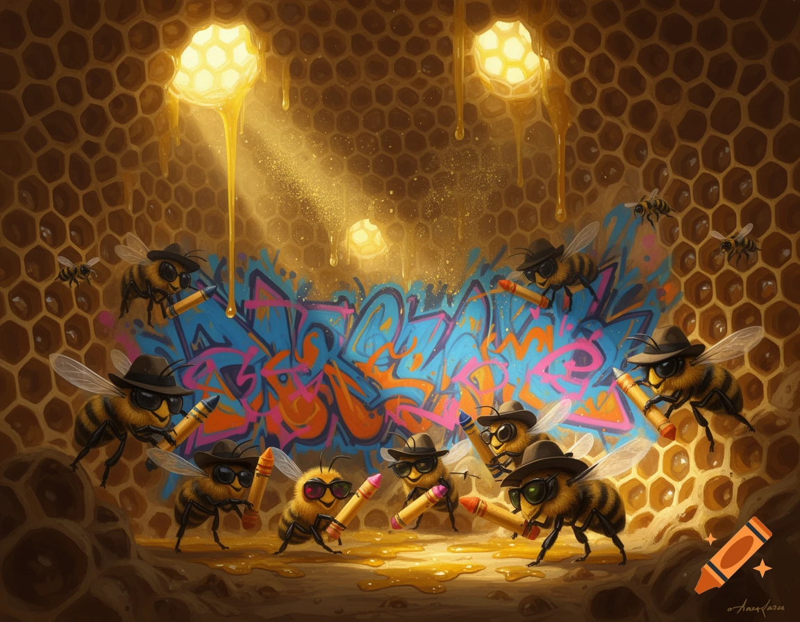 Cartoon gangster bees in hats and sunglasses spray-painting colorful graffiti on a honeycomb wall inside a glowing beehive.