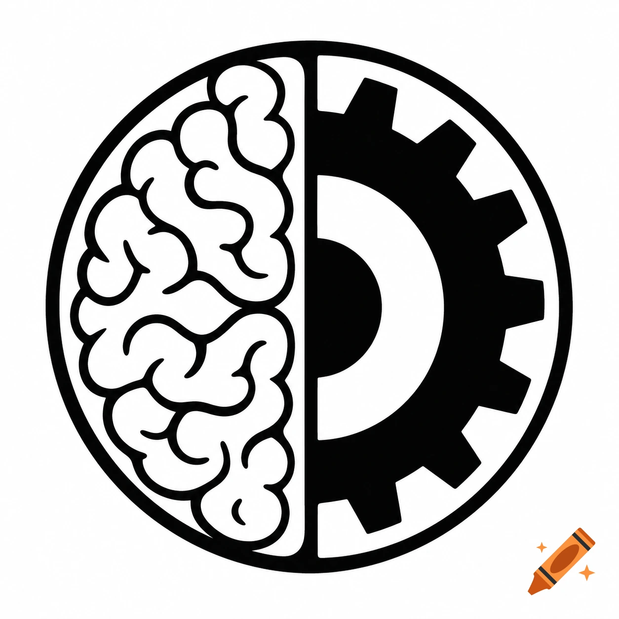 A black and white circular logo divided vertically, showing a brain hemisphere on the left and a cogwheel on the right.