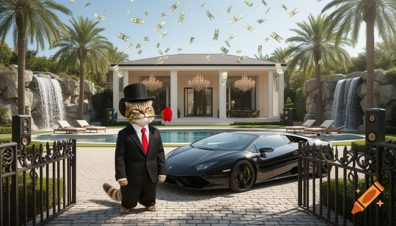 A wealthy cat in a suit and top hat with a rose, standing in front of a black Lamborghini and a luxury villa with money raining down.