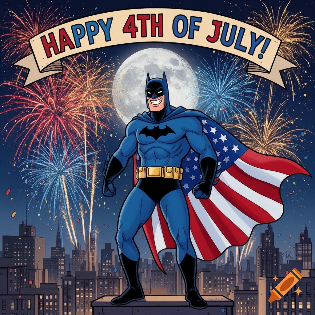 Batman on a rooftop wearing an American flag cape, smiling under a full moon with fireworks and a 'HAPPY 4TH OF JULY!' banner.