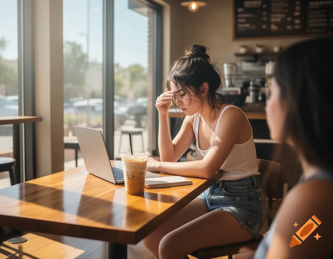 Photorealistic shot of a tired college girl with dark hair in a messy bun, wearing a white tank top and denim shorts, sitting at a wooden table with a laptop and iced coffee in a sunny coffee shop.