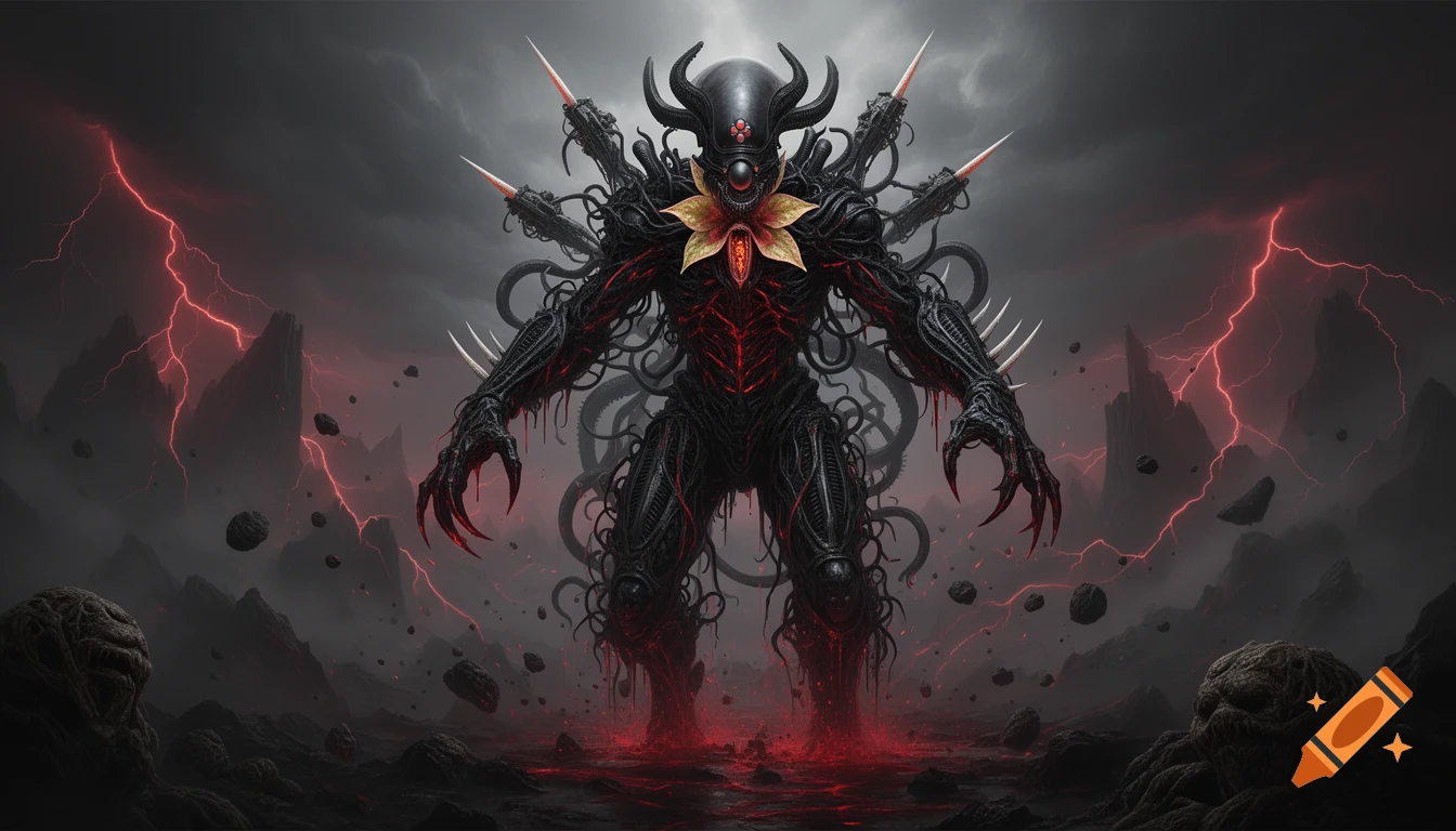 A monstrous, biomechanical creature with glowing red veins and tendrils stands in a desolate, rocky landscape under a stormy sky with red lightning.