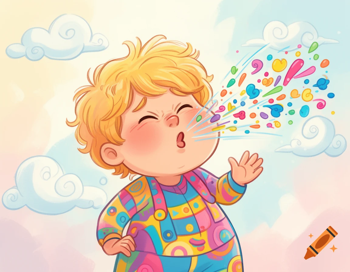 A cheerful cartoon child in colorful overalls sneezes a burst of vibrant hearts and shapes against a pastel sky with clouds.
