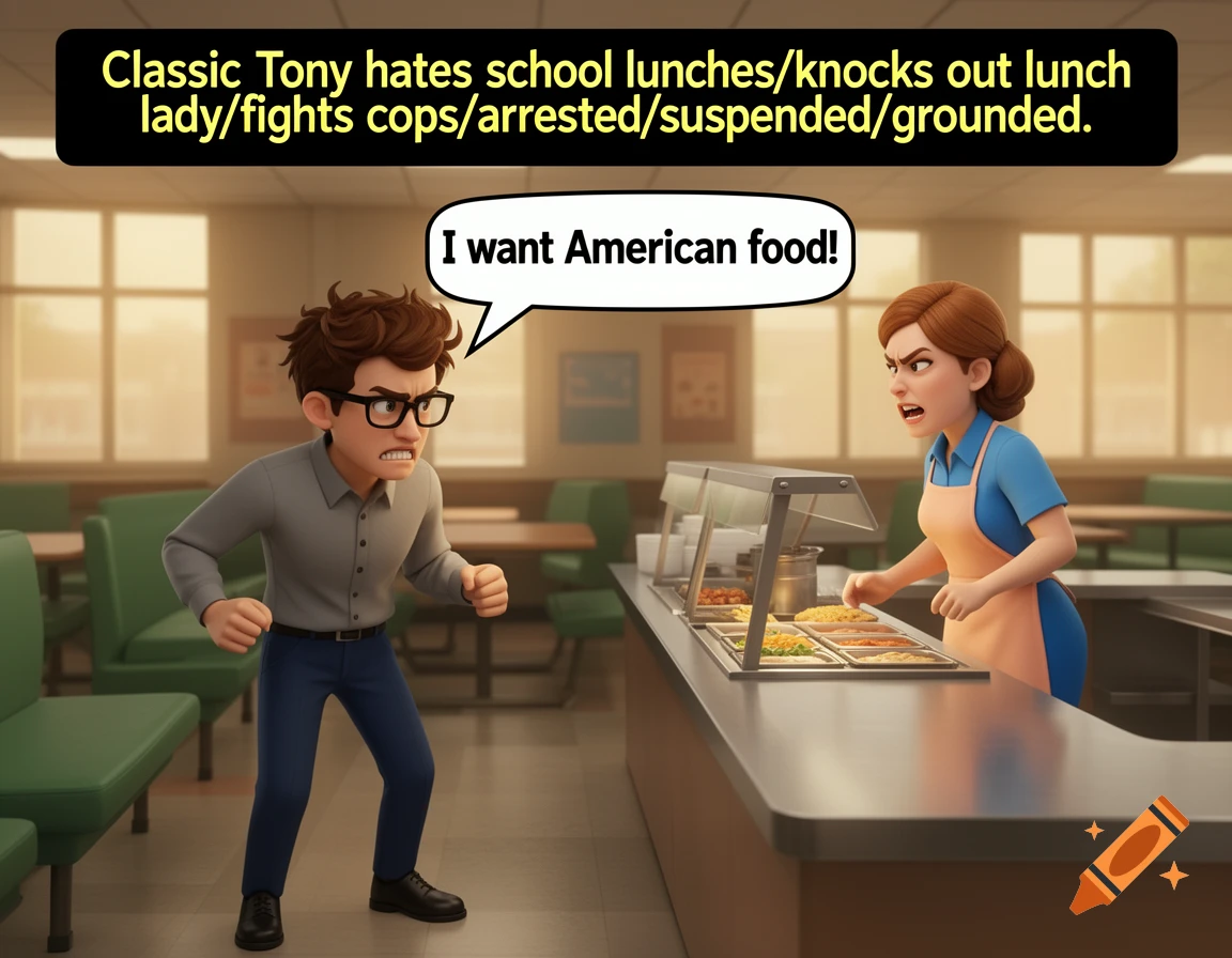 Cartoon of an angry boy yelling at a lunch lady in a cafeteria, with a speech bubble and text banner.