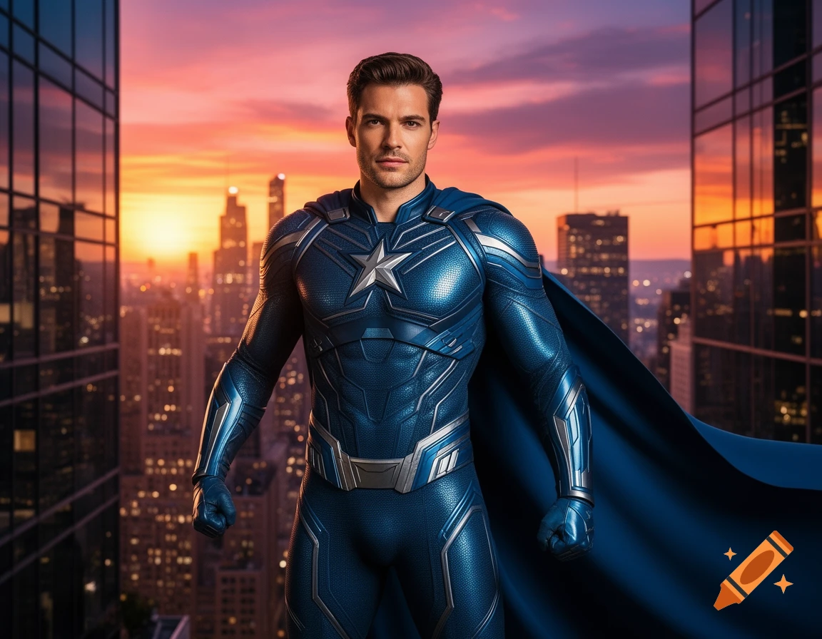A photorealistic male superhero in a blue and silver suit with a cape stands on a city rooftop at sunset.