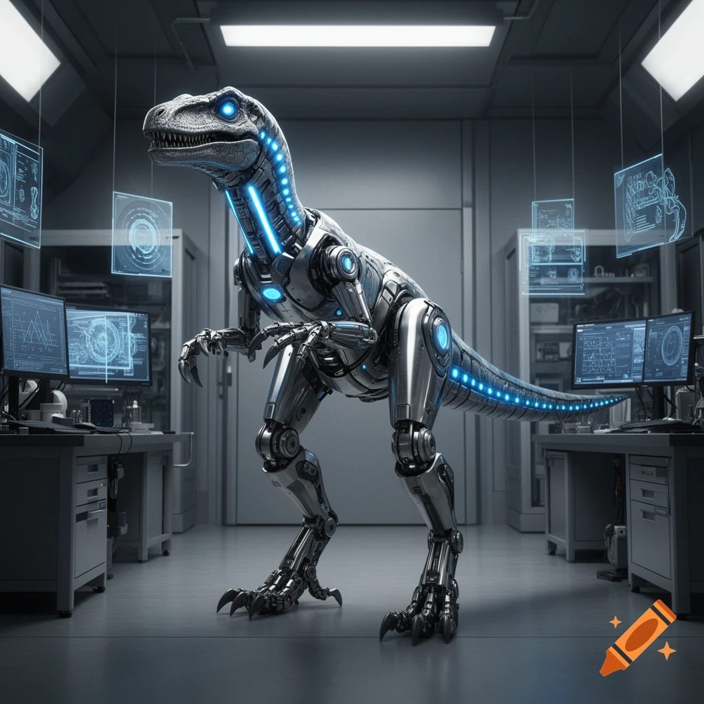 A metallic robotic velociraptor with glowing blue accents stands in a futuristic laboratory with holographic displays.