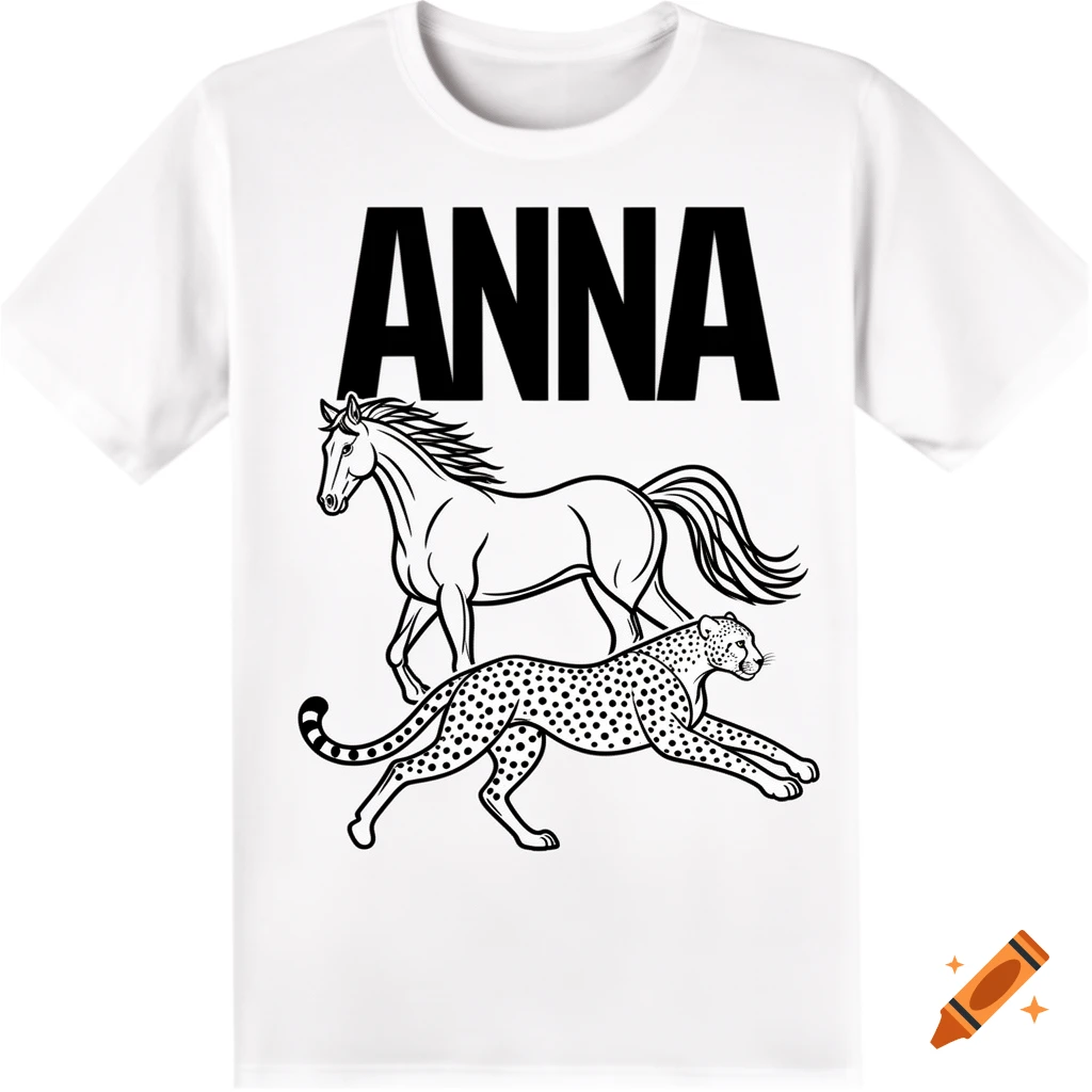 A white t-shirt with the name ANNA printed above black outline illustrations of a galloping horse and a running cheetah.