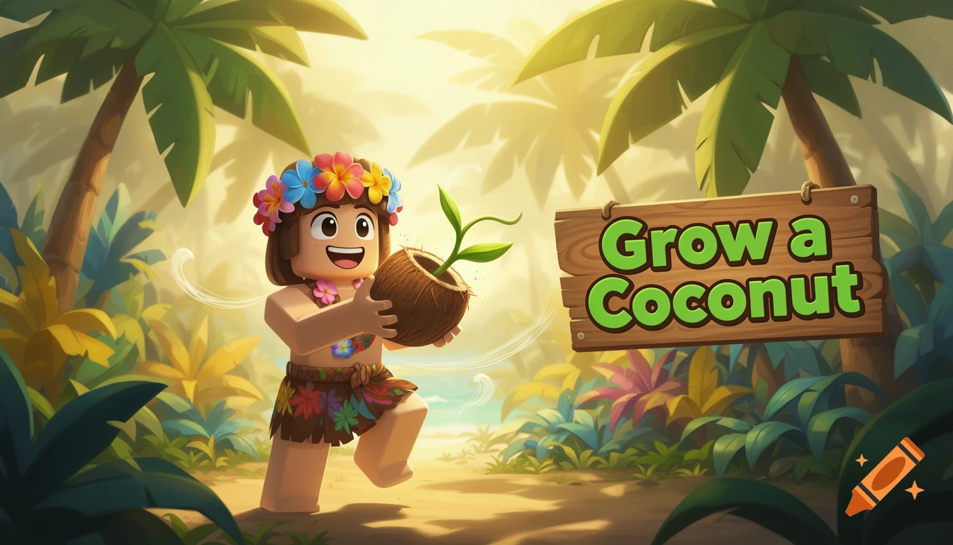 A Roblox character in a hula skirt holds a sprouting coconut on a tropical island with a sign reading "Grow a Coconut".
