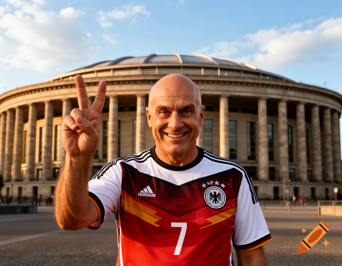 A smiling bald man in a German national soccer jersey makes a peace sign in front of a grand stadium under a blue sky.