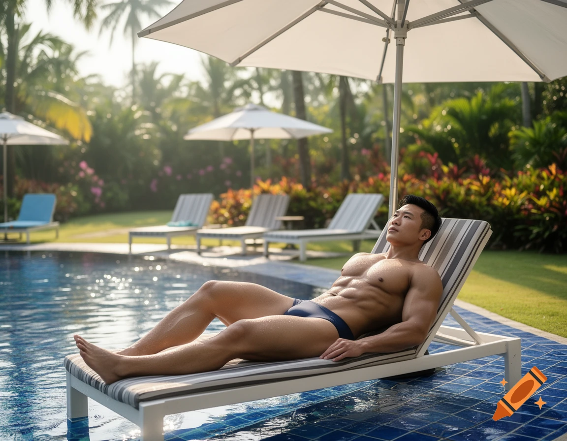 Muscular Asian man in a blue swimsuit relaxing on a lounge chair by a sparkling pool under an umbrella amidst tropical plants.