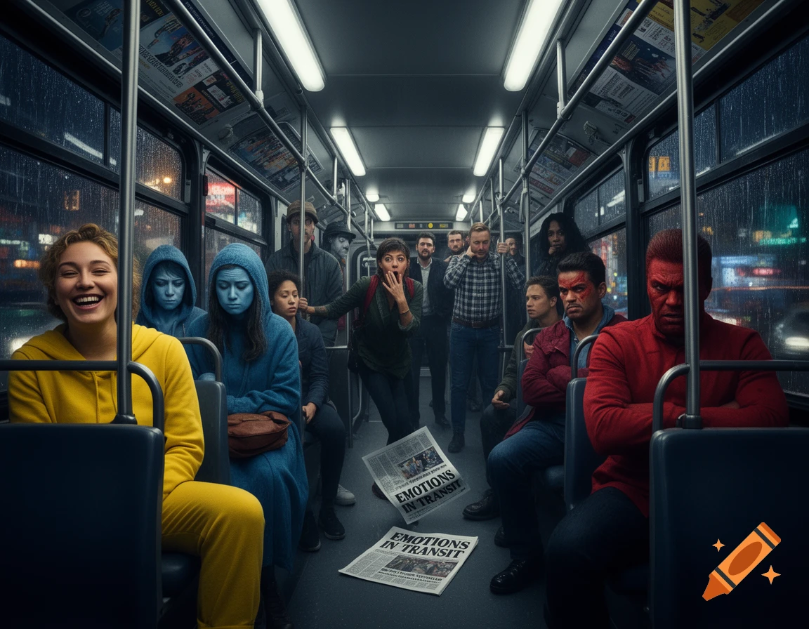 People with varying emotions, including blue and red figures, ride a bus at night. Newspapers on the floor read 'Emotions in Transit'.