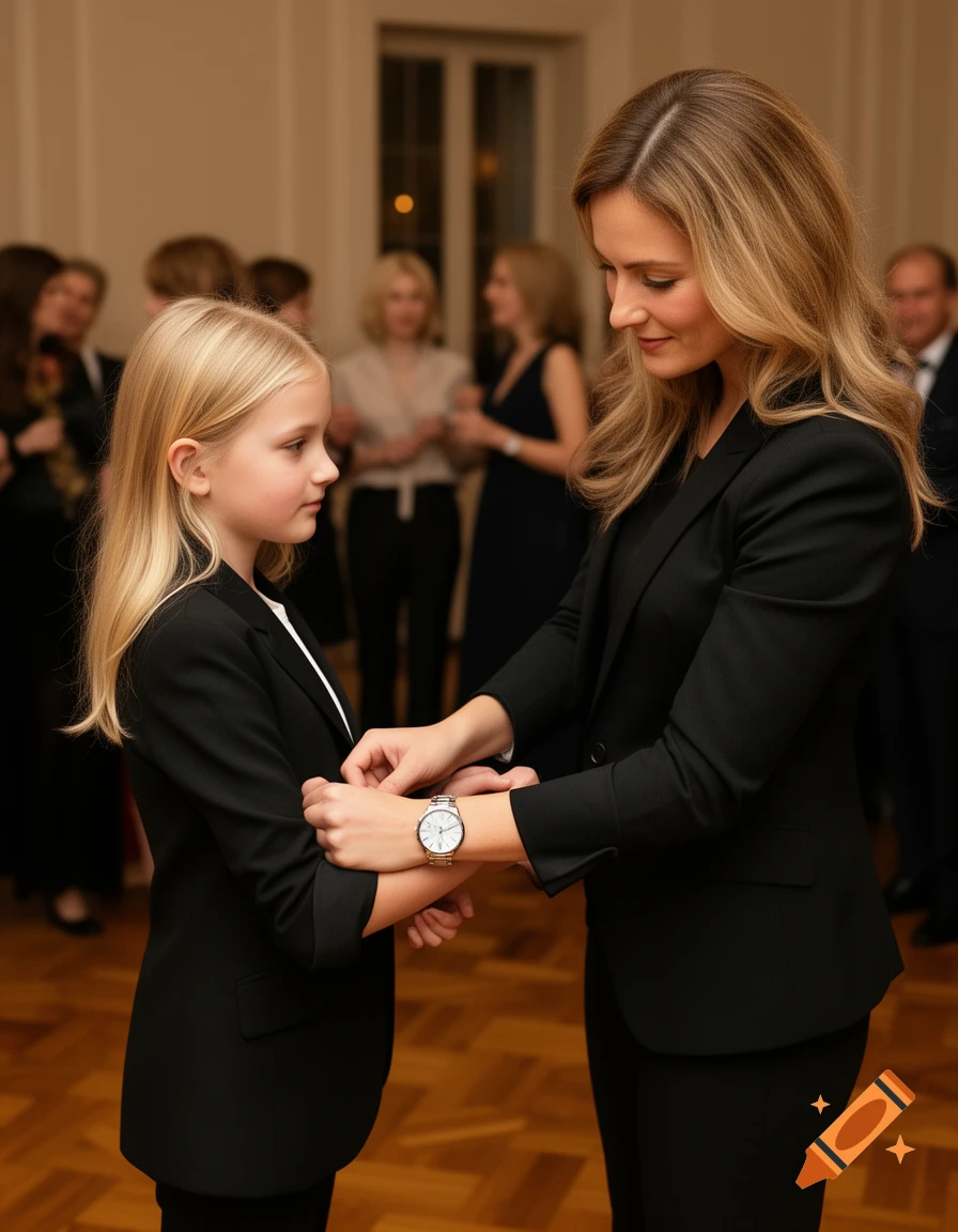 A blonde woman helps a young blonde girl roll up the sleeve of her black blazer at a formal event.