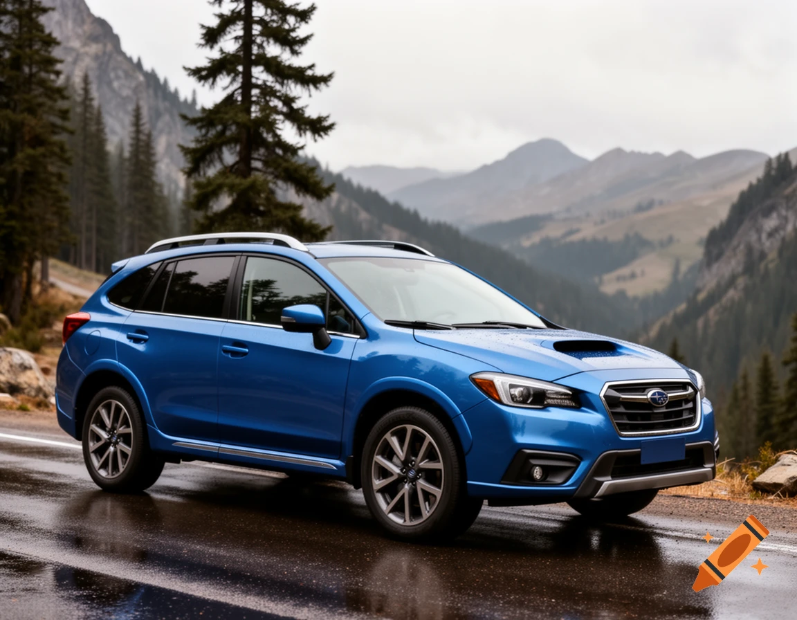 A blue Subaru SUV parked on a wet mountain road with pine trees and misty mountains in the background.