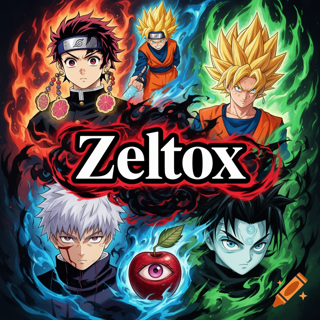Anime-style collage of five characters with fiery, watery, and smoky auras surrounding a central 'Zeltox' logo.