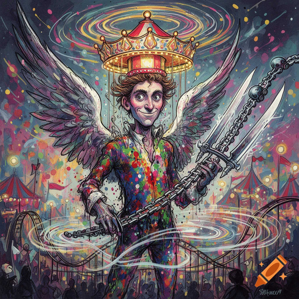 Ralph Steadman style illustration of a psychedelic angelic man with a carousel hat, wings, and colorful suit, holding a chain weapon at a carnival.