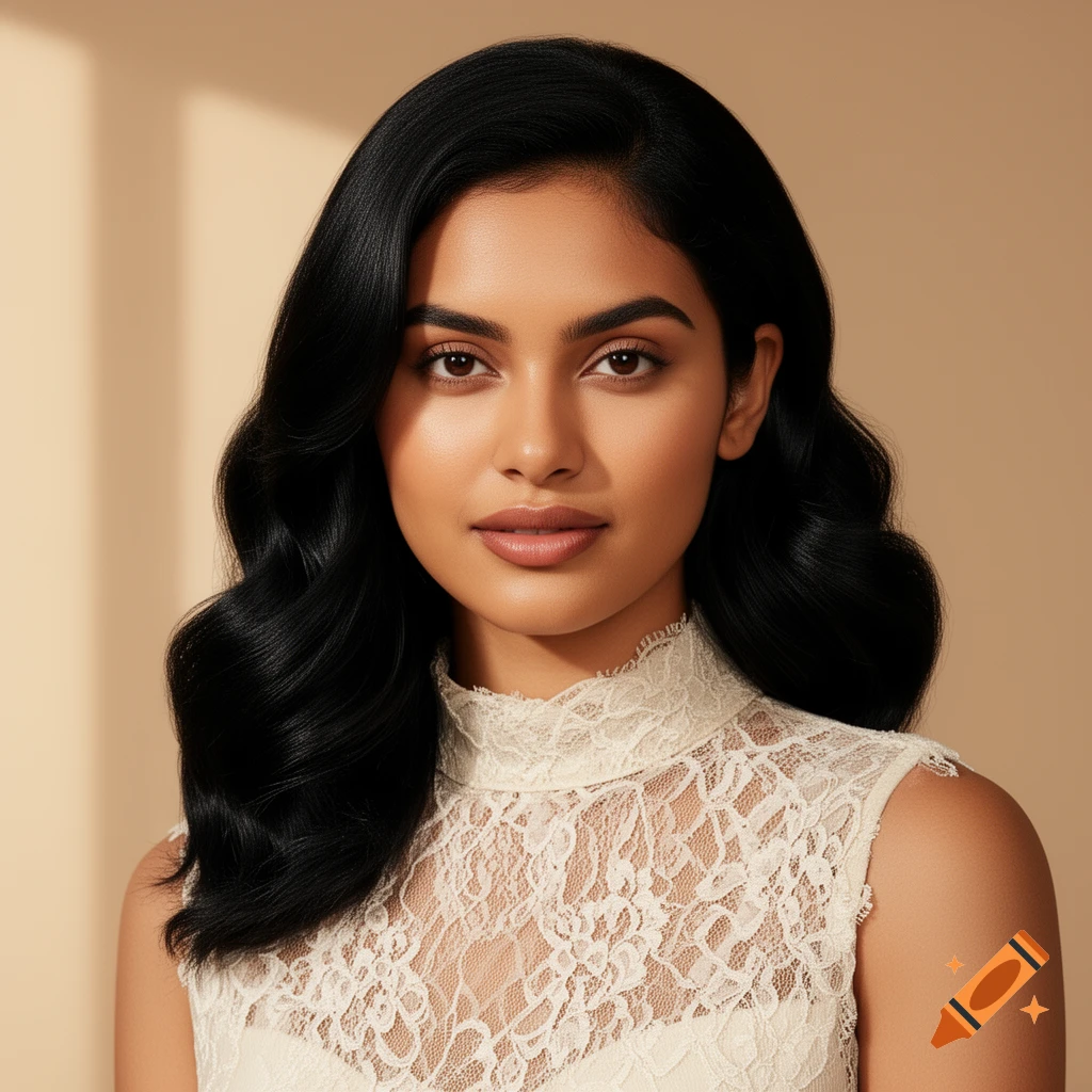 Photorealistic portrait of a young woman with dark wavy hair and brown eyes, wearing a cream lace high-neck top.