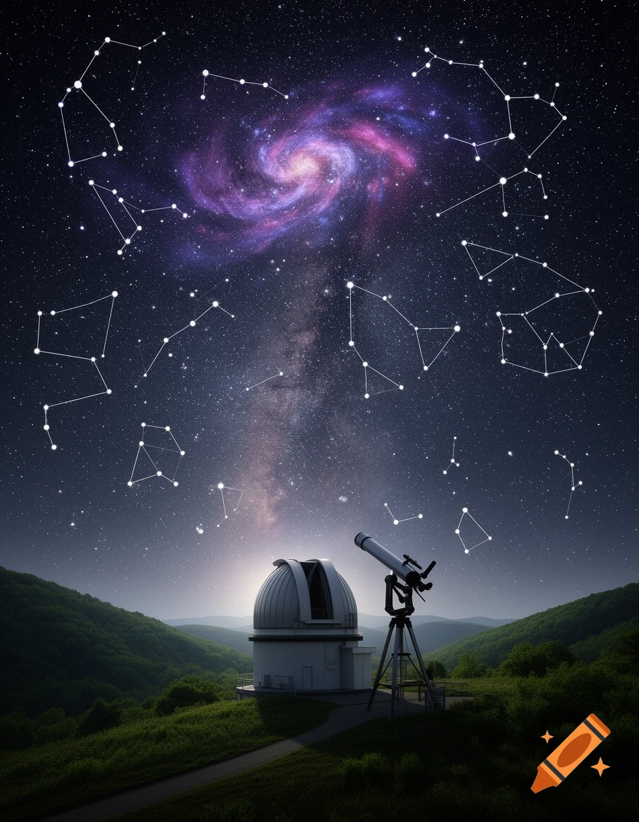A white observatory and telescope on a green hill under a starry night sky with prominent constellations and a purple galaxy.