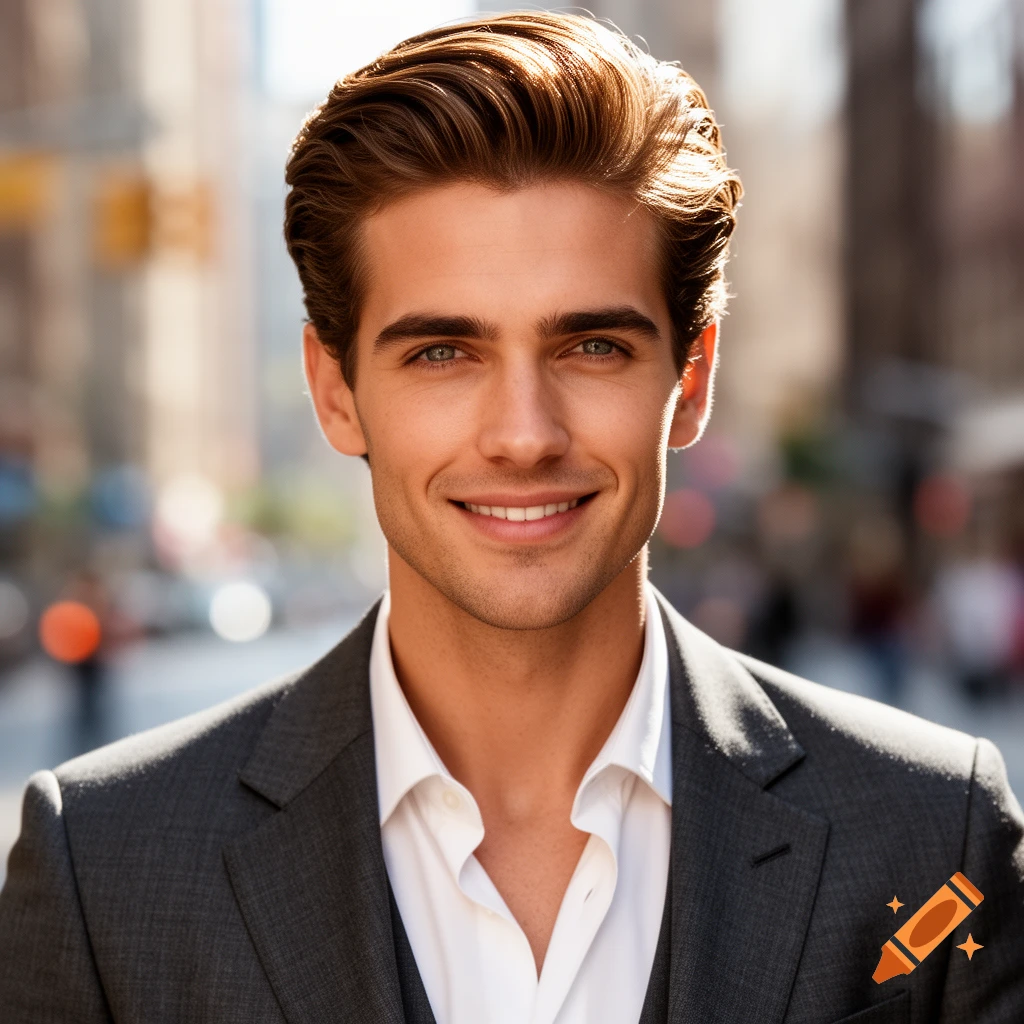 Photorealistic portrait of a smiling, attractive man with styled brown hair, wearing a suit jacket and white shirt, on a sunny city street.