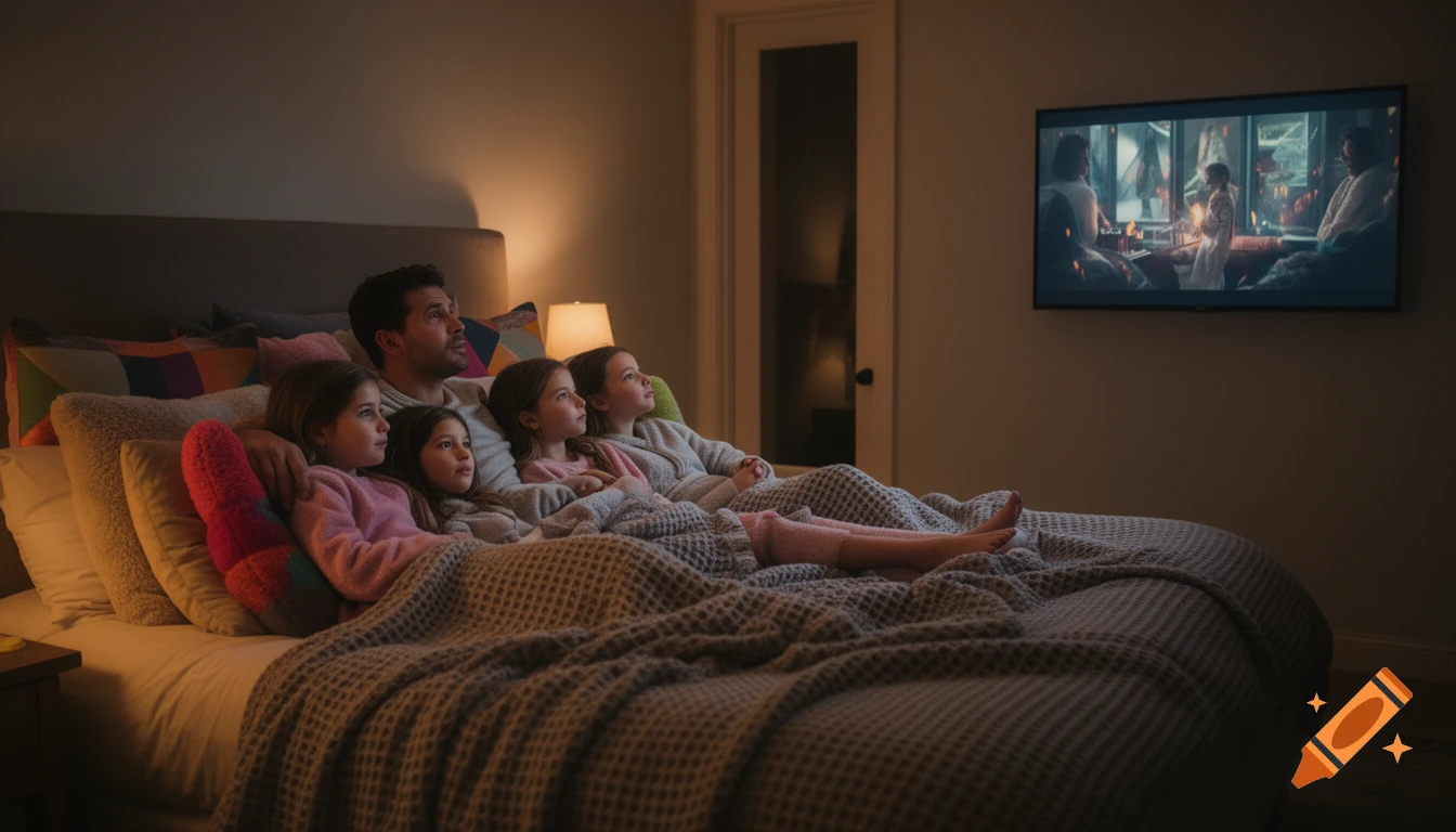 A man and four girls are snuggled in bed under blankets, watching a movie on a TV in a dimly lit bedroom.