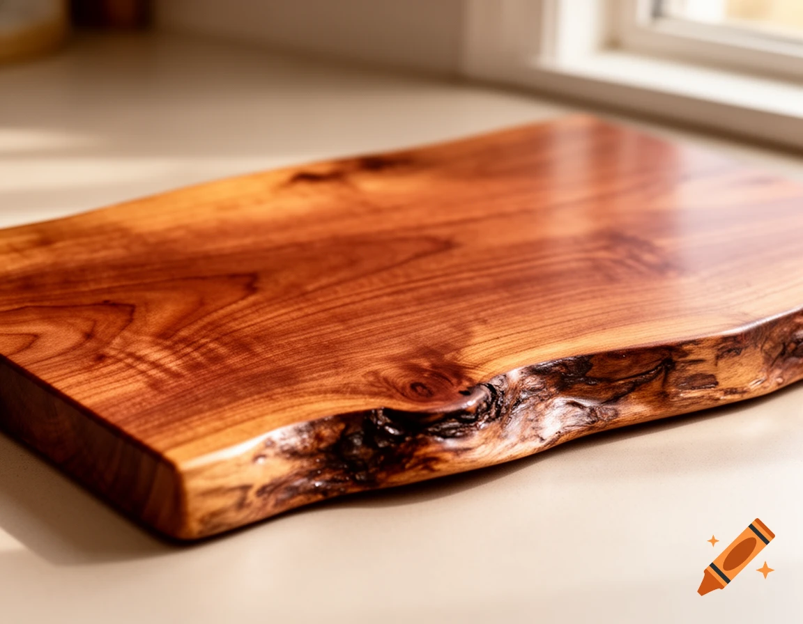 A close-up, photorealistic view of a cherry wood cutting board with a natural live edge, resting on a light counter.