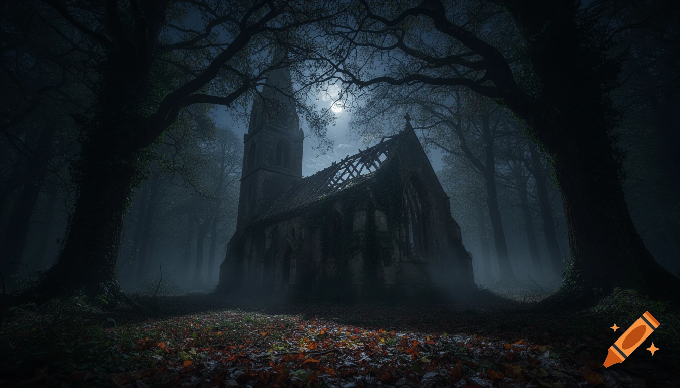 A dark, cinematic view of an old abandoned church in a misty forest at night under a full moon.