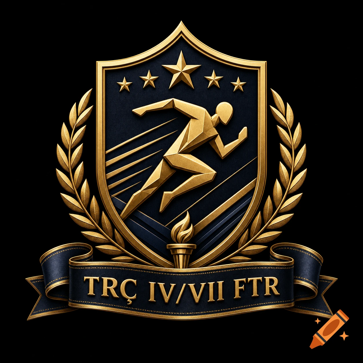 Gold and navy blue sports emblem with a stylized runner, stars, torch, laurel wreath, and 'TRÇ IV/VII FTR' on a banner.