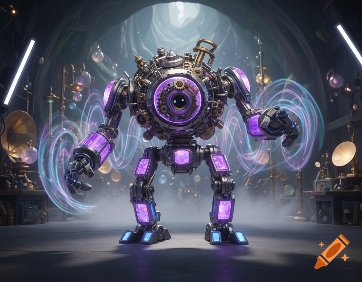 A detailed purple and silver steampunk-style robot with glowing parts stands in a mystical cave workshop with swirling energy.
