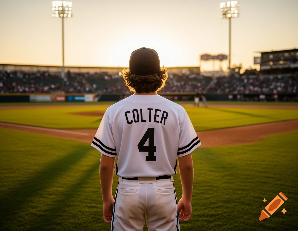 Photorealistic image of a young baseball player, seen from behind, wearing a jersey with "COLTER" and "4" on the back, facing a sunny stadium field.