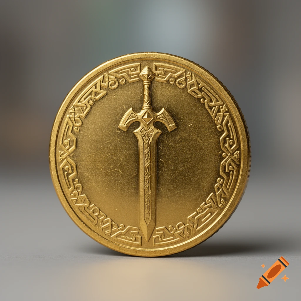 Close-up of a golden coin with a detailed sword engraved in the center, surrounded by intricate decorative patterns.