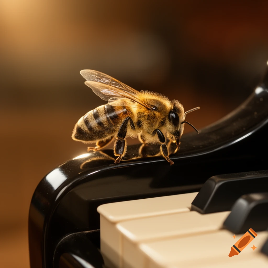 A detailed, fuzzy bee stands on the glossy black keys of a piano, with white keys visible in the foreground. Photorealistic.