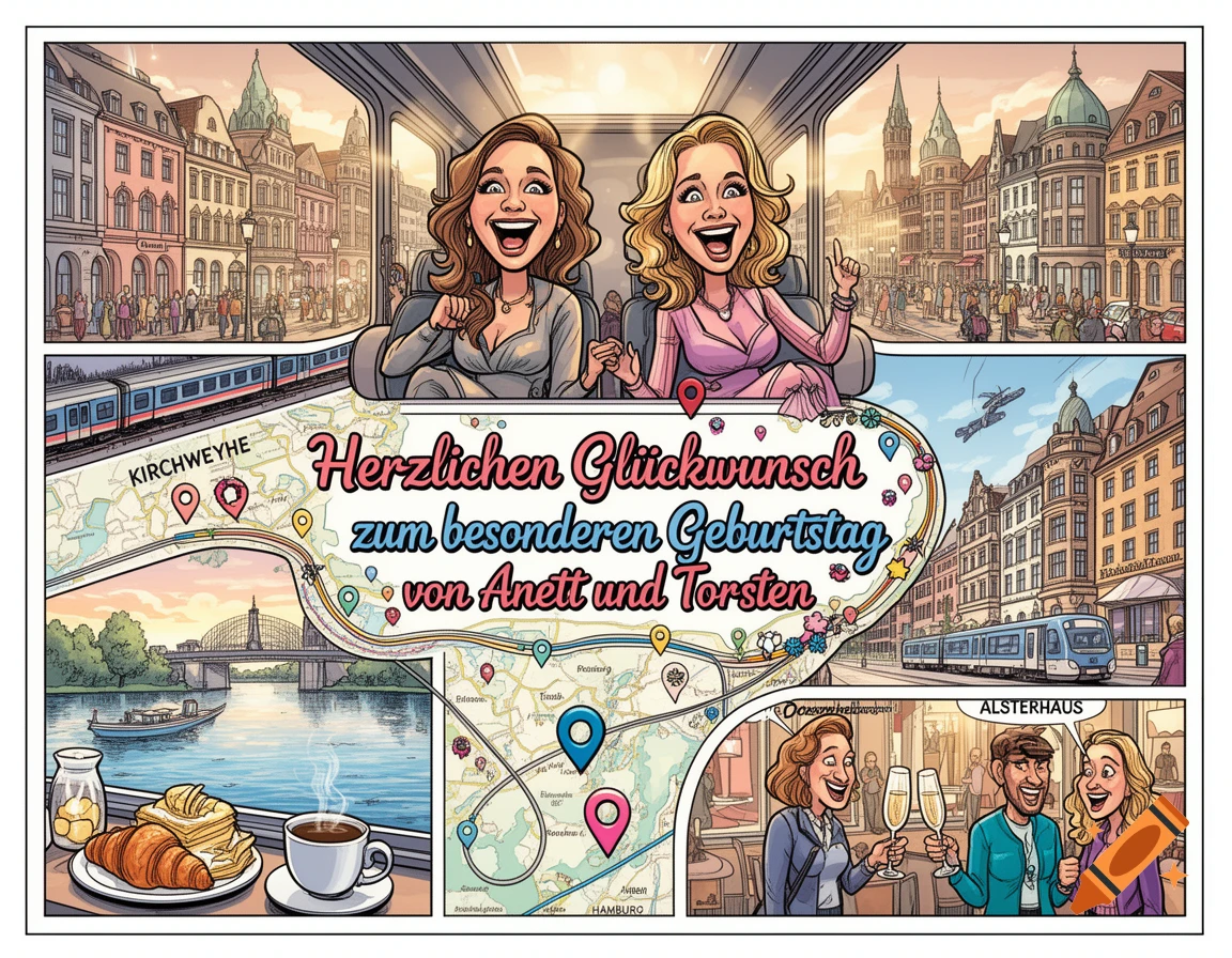 A vibrant comic-style illustration of a birthday voucher, depicting two women traveling by train through a cityscape, a map of a route from Kirchweyhe to Hamburg, breakfast, and a celebratory drink.
