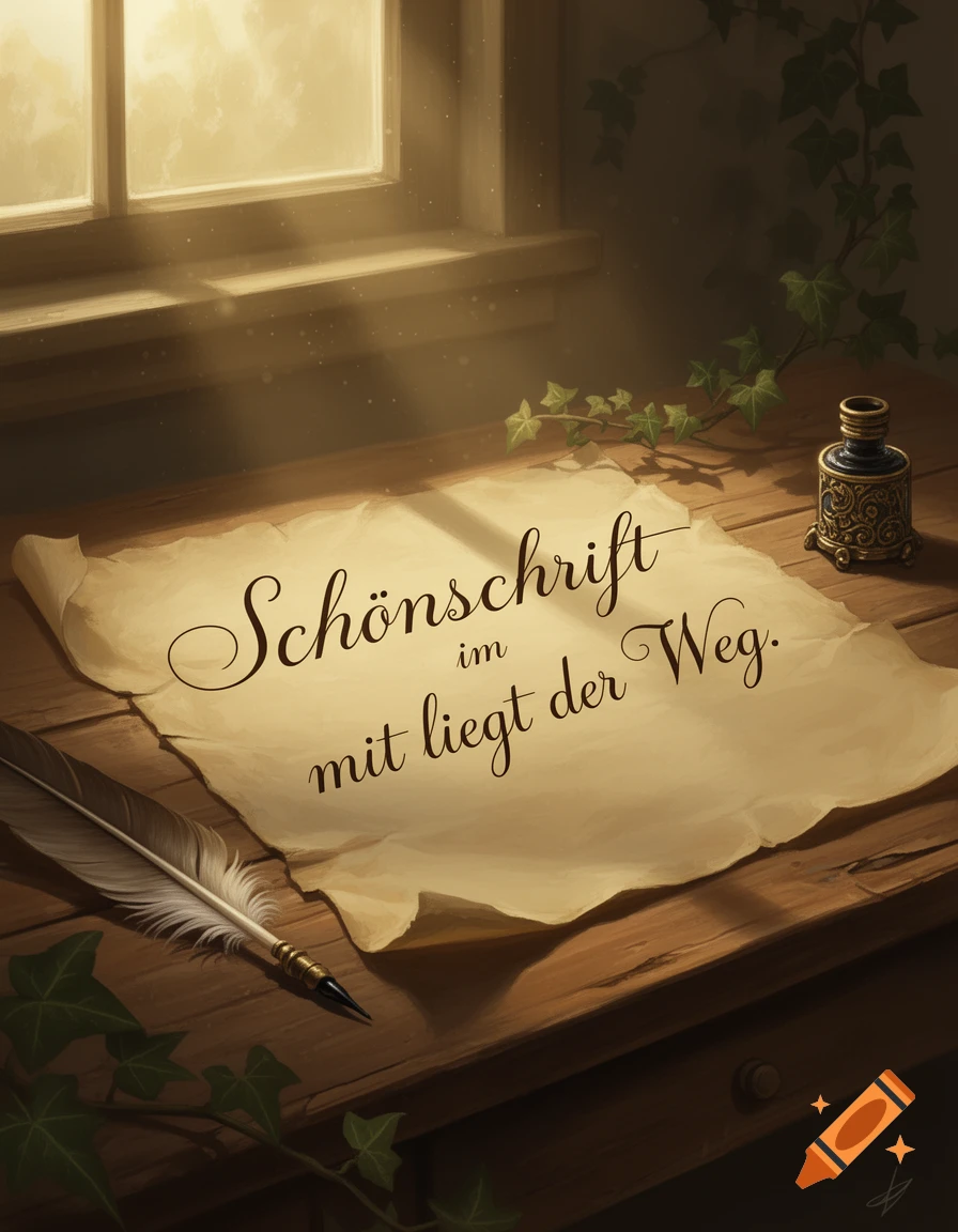 Illustrated still life: a quill, inkpot, and parchment with German text "Schönschrift im mit liegt der Weg" on a sunlit wooden desk.