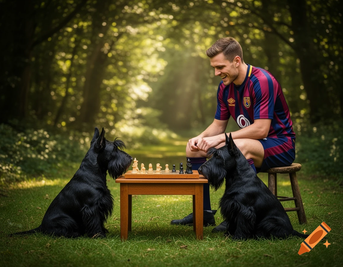 A smiling man in a soccer jersey plays chess with two black Scottie dogs in a sunlit forest.