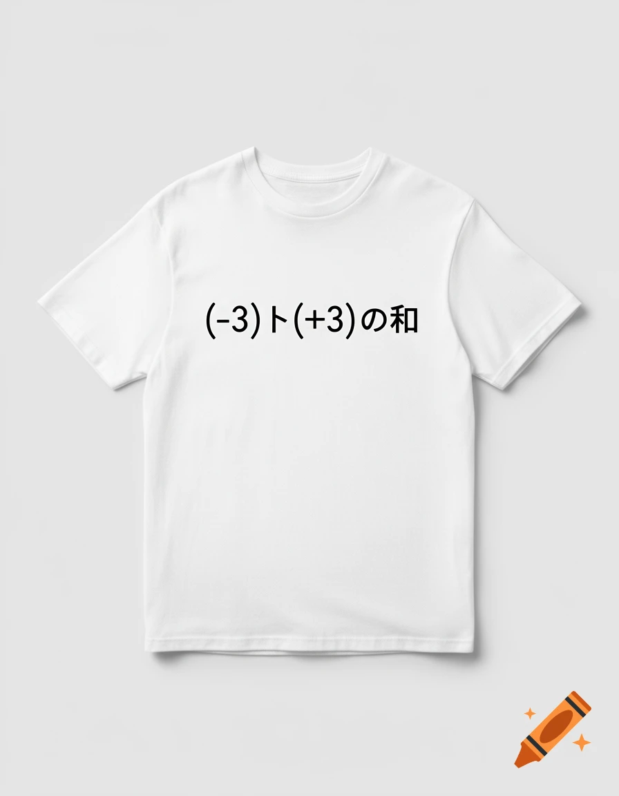 A white t-shirt with the Japanese text "(-3)ト(+3)の和" (the sum of -3 and +3) printed on the front.