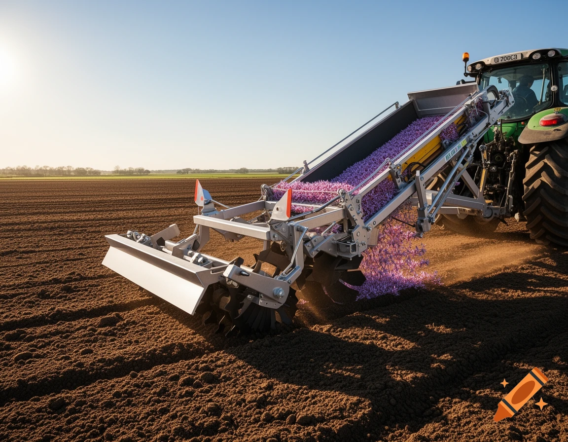 A green tractor operates a saffron bulb harvester, separating purple bulbs from brown soil under a clear blue sky.