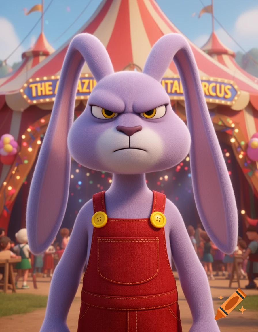 A grumpy purple cartoon rabbit in red overalls stands in front of a circus tent.