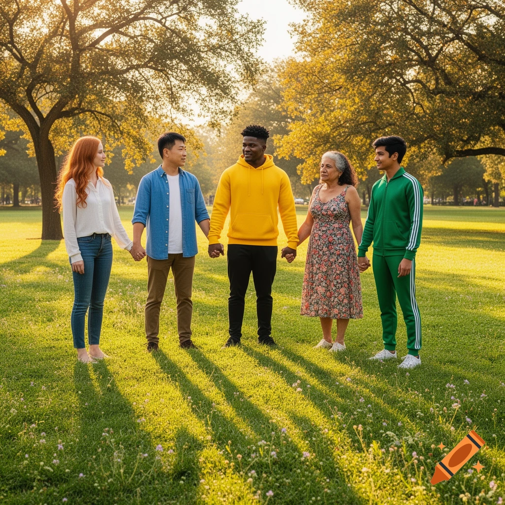Five diverse people holding hands in a sunlit park, surrounded by trees and green grass.