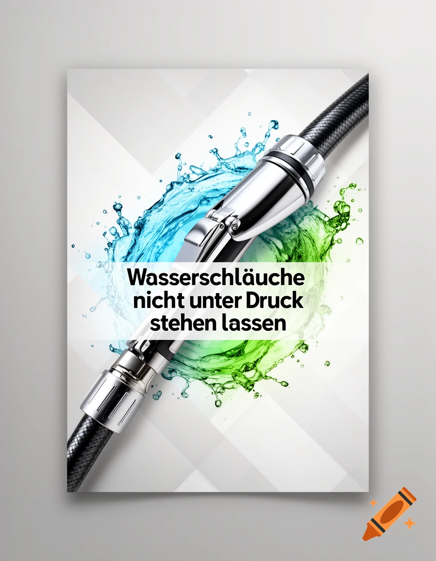 Flyer featuring a water hose connector amidst blue and green water splashes, with German text 'Wasserschläuche nicht unter Druck stehen lassen'.