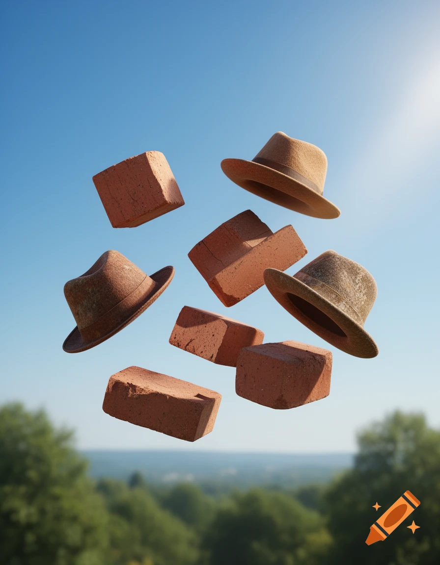 Several brown fedora hats and red bricks float in a clear blue sky above a blurred green landscape.