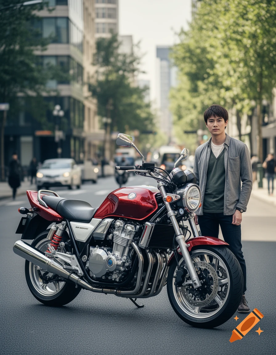A man stands beside a red motorcycle on a city street, photorealistic.