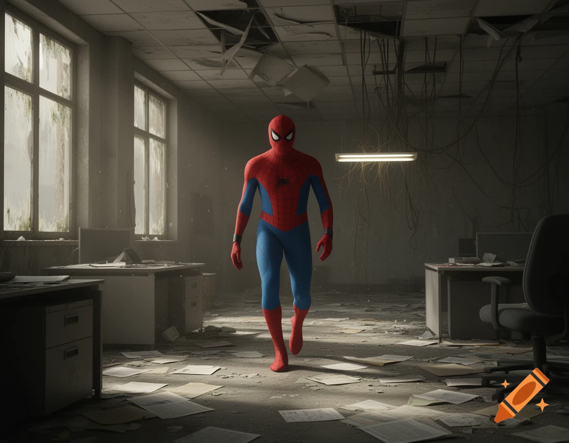 Spider-Man walks through a dilapidated, paper-strewn abandoned office, sunlight streaming through dirty windows.