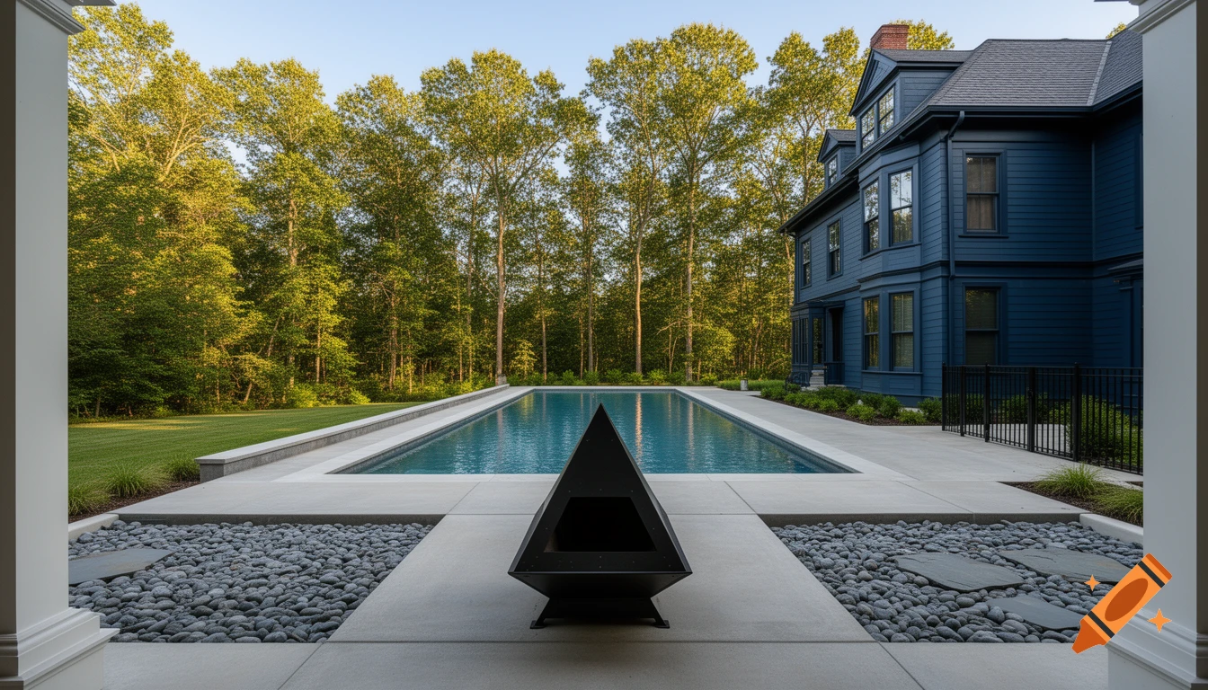 A luxurious backyard features a long rectangular pool, a black pyramid fire pit, a dark blue Victorian house, and a treeline.